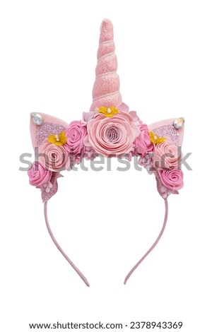 Unicorn Horn Baby Kid Flower Crown Headband Birthday Party HairBand Headwear for a girl. Wreath with cat ears and pink flowers. Children's accessory for a party, isolated. Royalty-Free Stock Photo #2378943369