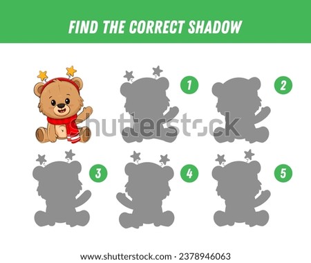 Find correct shadow of cute bear. Educational logical game for kids. Christmas game. Cartoon teddy bear.