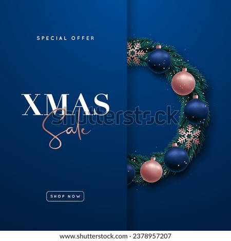 Decorative Christmas fir wreath. Xmas Sale background. Realistic rose gold and dark blue balls, snowflakes and serpantine. Design template for web site, social media, flyer, poster etc.