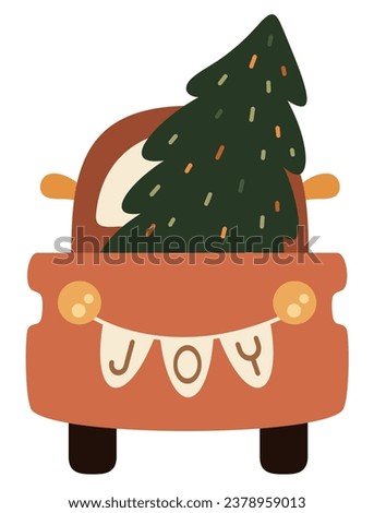 Retro Christmas cars clipart. Vintage Christmas tree truck clip art in flat style