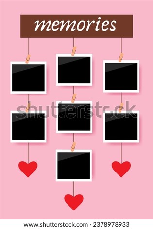 Polaroid frame photo mockup on a rope with clothespins on pink background.Best moment's. Memories.Love,romantic concept. Vector illustration