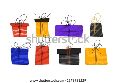 A set of gift boxes. For Christmas, birthday, New Year. Flat style. Cute and elegant red and yellow boxes. Strict and stylish - blue and black. For guests, postcards.