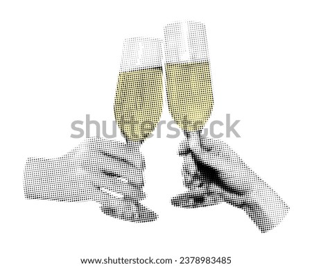 Hands holding champagne glasses halftone art collage. Toast, cheers Cutout magazine shapes, modern retro, grunge punk New year design. Vector illustration isolated on transparent background