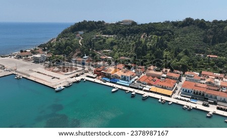 Aerial drone photo of small picturesque seaside village of Katakolo known for cruise liner anchorage and tourist transfer to Peloponnese ancient sites, Ilia prefecture, Greece