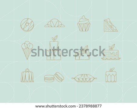 Dessert icons in art deco style donut, croissant, cupcake, sandwich, ice cream, cake, dessert, pancakes, macarons, pie, jelly drawing on turquoise background
