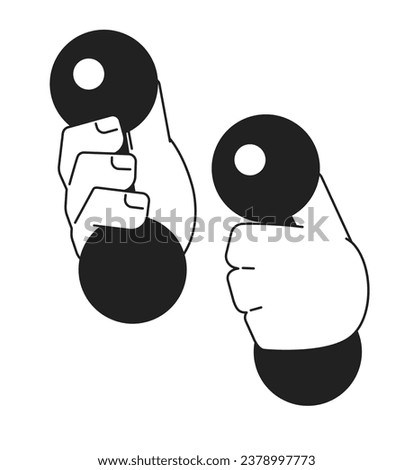 Dumbbells holding cartoon hands outline illustration. Workout gym. Curling dumbbells 2D isolated black and white vector image. Lift weight equipment. Fitness class flat monochromatic drawing clip art