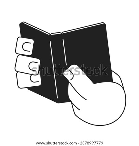 Holding open book cartoon hands outline illustration. Studying literature 2D isolated black and white vector image. Open journal. Reading hands. Holding notebook flat monochromatic drawing clip art