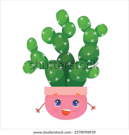 Cute funny faces of cacti in pots and with plants are friends. Indoor plants, succulents. Thorny plants in cartoon style. Vector illustration isolated on white background.