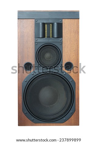 Big three ways Hi-Fi loud speaker system with black grills and solid wood finish isolated on white closeup. Vertical photo