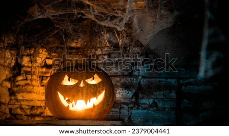halloween background of Jack-o-lanterns on wooden table