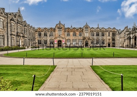St Andrews, Scotland - September 22, 2023: The iconic buildings and grass fields of the quadrangle at the University of St Andrews in Scotland
