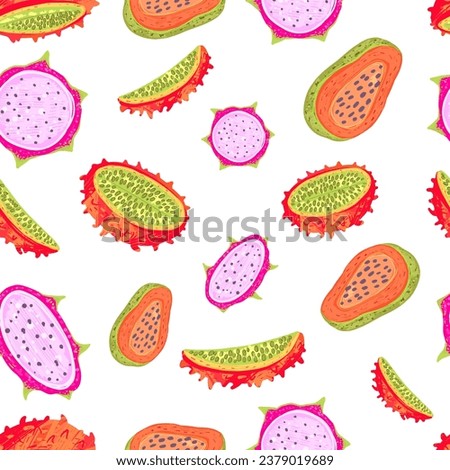 Tropical seamless pattern with papaya, dragon fruit, Melano kiwano. Wild tropics Fruit repeat print on white background