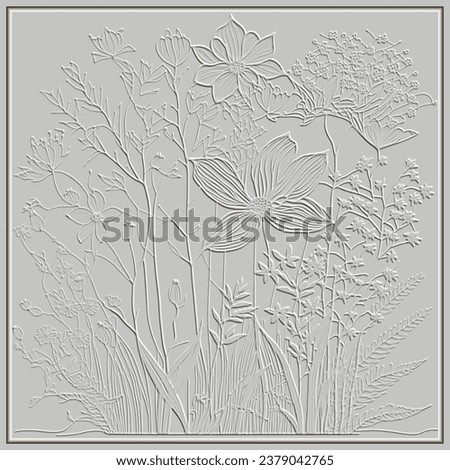 Wildflowers textured emboss 3d line art seamless pattern with square frame. Floral embossed relief background. 3d lines flowers, leaves, grass. Hand drawn surface plants ornament with embossing effect Royalty-Free Stock Photo #2379042765