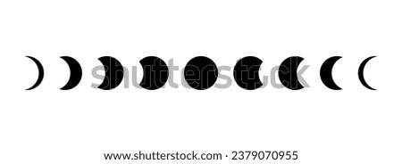 Full moon eclipse concept illustration. Set of moon phases or stages. Total sun eclipse and lunar cycle. Black and white vector elements collection for poster, banner, collage, brochure, cover, tattoo Royalty-Free Stock Photo #2379070955