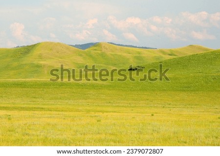Panoramic shot of a huge hilly valley overgrown with low grass under a cloudy summer sky. Khakassia, Siberia, Russia. Royalty-Free Stock Photo #2379072807