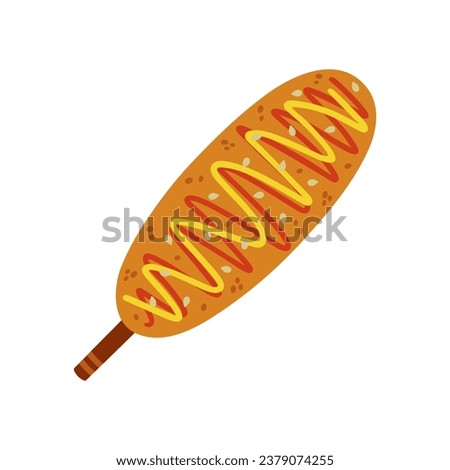 Corn dog vector icon. Delicious deep-fried sausage in dough. Hot snack with ketchup, mustard, sesame. Street fast food. Korean or American cuisine. Illustration isolated on white. Flat cartoon clipart Royalty-Free Stock Photo #2379074255