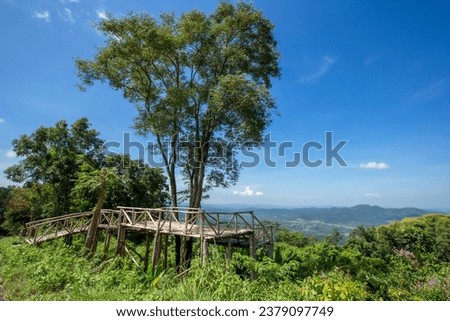 Scenic view landscape of the bamboo bridge for viewpoint with mountains background.