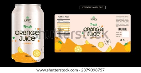 Orange Juice label design, soft drink bottle label design. Soda can vector. Energy drink label design. Orange flavor fruit juice label template design Royalty-Free Stock Photo #2379098757