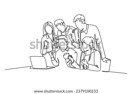 Single one line drawing of young happy male start up CEO and his subordinates celebrating their success achieve business target. Team work goal. Continuous line draw design graphic vector illustration Royalty-Free Stock Photo #2379100233