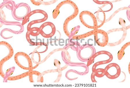 Gentle seamless vector pattern with pink and yellow snakes. Texture with cartoon serpents in pastel colors on white background. Surface design with pythons for fabrics, wrapping paper