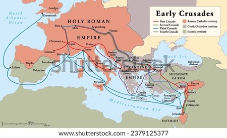 Early Crusades, history map. The first four Crusades, a series of religious wars to the Holy Land, to conquer Jerusalem and its surrounding area, by the Christian Latin Church in the medieval period. Royalty-Free Stock Photo #2379125377