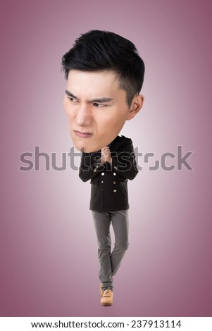 Funny Asian big head man, full length portrait.