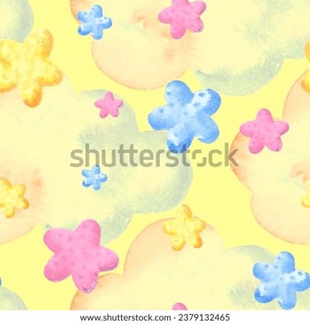 Seamless pattern of cute colorful stars and clouds. Watercolor hand drawn illustration for various design, decorating background, kids birthday and party, textile making, packaging and wrapping paper.