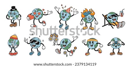 Cartoon planet Earth mascot. Funny globe in style of 1930s rubber hose animation character. Isolated vector illustration set of mascot character planet Royalty-Free Stock Photo #2379134119