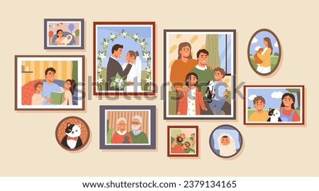 Cartoon family life photo frames. Memories wall with family history photos, children portraits and marriage picture vector illustration of portrait wall character photo