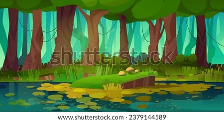 Forest swamp landscape background for fantasy game. Summer jungle scene with lake water and beautiful nature park environment scenery. Deciduous wild wetland area and tree silhouette panoramic design Royalty-Free Stock Photo #2379144589