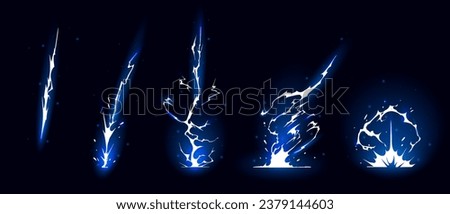 Lightning strike bolt silhouettes sequence vector illustration. Black thunderbolts and zippers are natural phenomena isolated on a dark background. Thunderstorm electric effect of light shining flash. Royalty-Free Stock Photo #2379144603