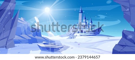 Winter mountain landscape with medieval castle. Vector cartoon illustration of fairytale frozen palace with towers, rocky background covered with ice and snow, snowflakes in air, magic cold kingdom