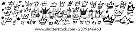 Vector abstract graffiti crown set. Rough scribble textured street art grungy brush stroke king icons. Kid hip hop queen illustration. Monochrome grunge graphic banner background. Isolated tag drawing
