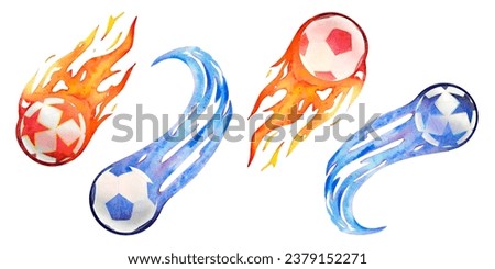 Watercolor drawing set of flying football balls blue and orange with stars and pentagons with fiery flame tails. Scillfully painted picture isolated on white background. For logo postcards printings