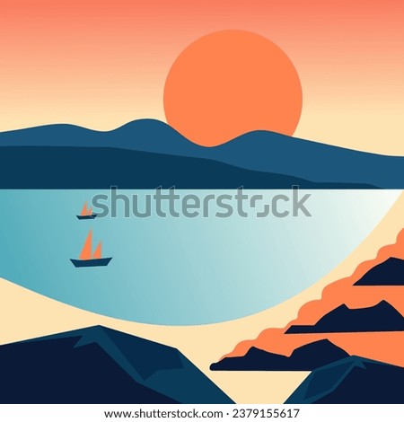 Landscape view sea mountain sky. Vector flat illustrations.
