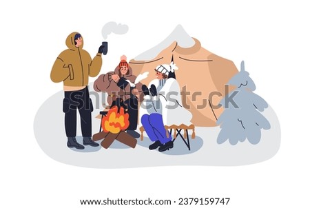 Tourists at winter holiday camping. Campers warming with hot tea and fire. People relaxing at campfire, sitting around bonfire outdoors. Flat graphic vector illustration isolated on white background Royalty-Free Stock Photo #2379159747