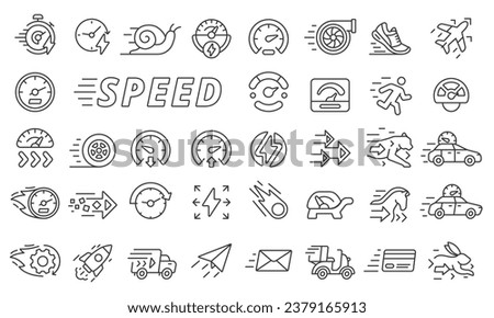 Speed icons set in line design. Fast, Speedometer, Rapid, Quick, Slow, Low speed, Run, Velocity, Turbo, Arrows, Quickness, High speed vector illustrations. Editable stroke icons. Royalty-Free Stock Photo #2379165913