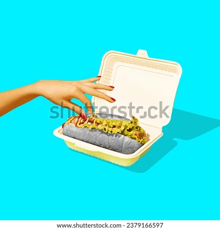 Poster. Contemporary art collage. Modern creative pattern. Hand holding monochrome delicious hot-dog in box with mustard and ketchup. Concept of food consumption. Conceptual wallpaper. Copy space.