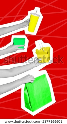 Poster. Contemporary art collage. Modern creative pattern. Monochrome hands holding boxes, bags with fast food. Concept of food, drinks, diet, eating behavior. Copy space. Conceptual wallpaper. ad.