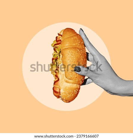 Poster. Contemporary art collage. Modern creative pattern. Monochrome hand holding hot delicious croissant with sausage and souses. Concept of food, drinks, diet, eating behavior. Copy space for ad.