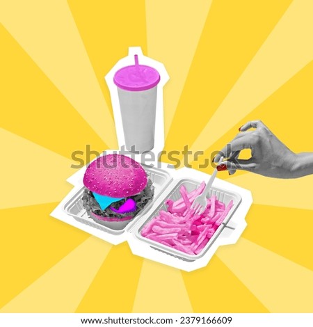 Poster. Contemporary art collage. Modern creative pattern. Monochrome hand holding pink free potato with hamburger and cold fresh drink. Concept of food consumption. Conceptual wallpaper. Copy space.