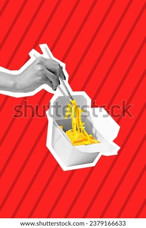 Contemporary art collage. Modern creative pattern. Monochrome hand with box with Asian noodles against red background. Concept of food, drinks, diet, eating behavior. Conceptual wallpaper. Poster. ad.