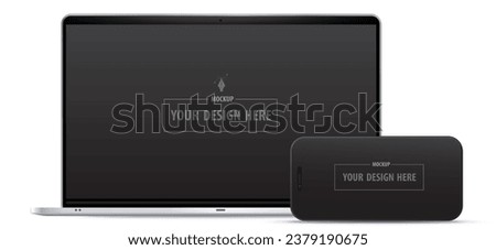 Laptop computer and mobile phone with black 16:9 aspect ratio screens. Blank digital devices vector mockup designs isolated on white background. Royalty-Free Stock Photo #2379190675
