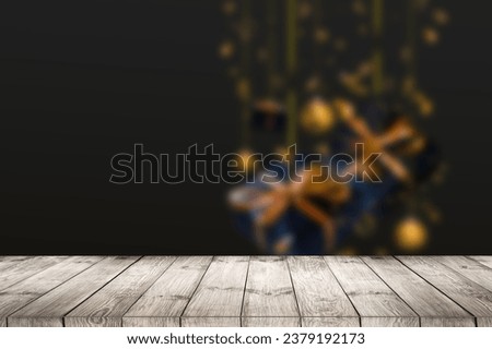 wood table with blured gifts bokeh background