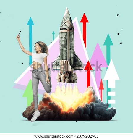 Leadership, leading to success or business vision concept. Influencer success - direction forward and standing on flying arrows in color background. Success Concept. Art collage. 
