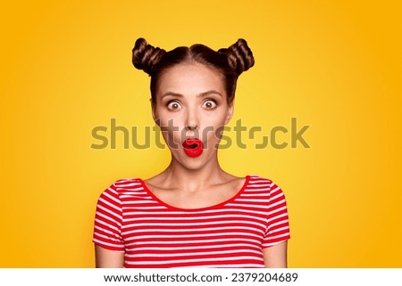 Oops Closeup portrait of shocked impressed model with red lips with unexpected unbelievable reaction looking at camera with wide open eyes and mouth isolated on red background Royalty-Free Stock Photo #2379204689