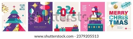 Set of Merry Christmas and Happy New Year 2024 vector illustration for greeting cards, posters, holiday covers in modern minimalist geometric style.