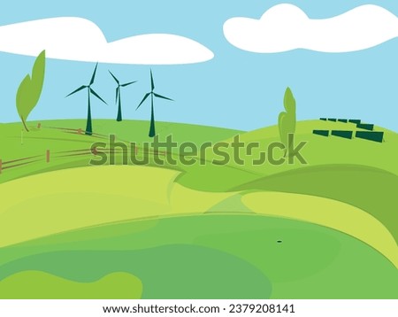 Scene with wind towers and solar panels  in the golf park illustration
