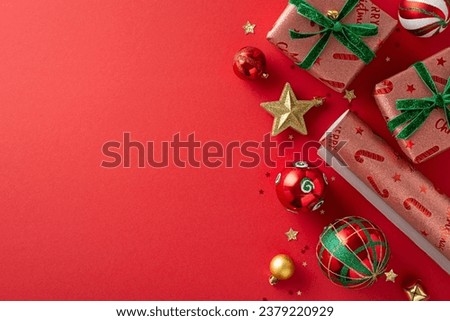 Gift-giving delight: top view homemade sparkling ribbon-tied gift boxes, golden star, glistening wrapping paper roll, confetti, jingle bell against a red background with space for your greeting text