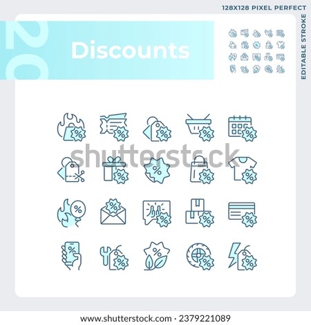 Pixel perfect blue icons set representing discounts, editable thin line illustration.